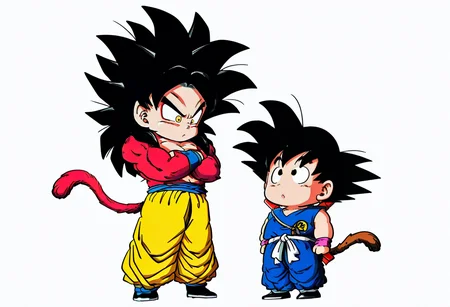 masterpiece,best quality,amazing quality,very aesthetic,absurdres,newest, highres,very awa, <lora:GokuSSJ4IXL:1>, 1boy,zzGokuSSJ4, yellow eyes, black pupils, red eyeliner, v-shaped eyebrows, v-shaped eyes, black hair, spiked hair, long hair, super saiyan 4, body fur, red fur, blue wristband, blue sash, yellow pants, baggy pants, blue footwear, black shoes, monkey tail, red tail, (chibi:1.5), full body, standing, simple background, thick outlines, crossed arms, looking down, size difference, height difference, side-by-side, closed mouth, looking at another,
<lora:SonGoku_IL:1>, 1boy, son goku, child, black hair, black eyes, spiked hair, monkey tail, male child, red wristband, dougi, pants, black footwear, white sash, blue pants, blue topwear, shoes, nyoibo, weapon on back, sleeveless, (chibi:1.5), full body, standing,  looking up, size difference, height difference, side-by-side, :o, looking at another,