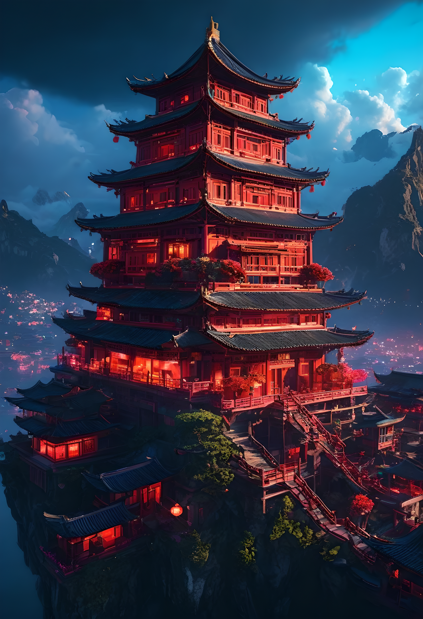 Buildings above the clouds(Ultra-high resolution:1.4), (Fantasy, cyber punk, Ancient Chinese castles:1.3), (Irregular red building:1.5), (Floating in the clouds:1.2), (Patchwork Cottage, Neon lighting, Floral decoration:1.4), (Cityscape in the sky:1.1), (Ross Tran, Inspired by Mikey Chan:1.2), (Realistic lighting, Light Shaft, Warm glow:1.3), (masterpiece:1.2), (high quality, Beautiful graphics, Single image