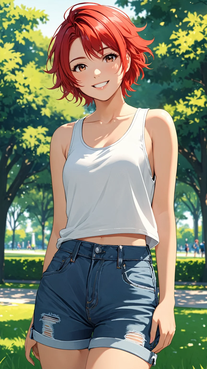 masterpiece, best quality,
1girl,
red hair, short hair, messy hair, tomboy,
smile,
tank top,
jeans, shorts,
outdoor, park,grass, tree,