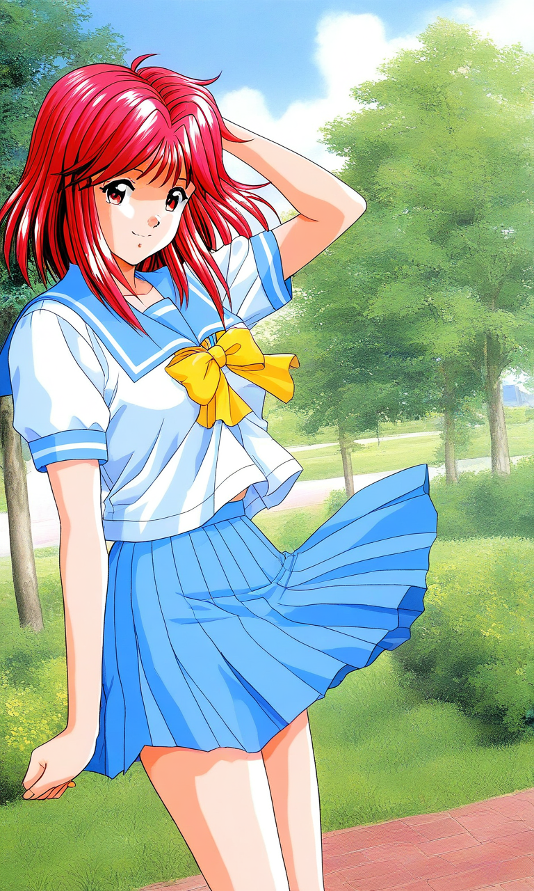 general,highres, ultra-detailed,very aesthetic,best quality ,best hands, BREAK <lora:Asahina_Yuko_Tokimeki_Memorial_IS:1>
Asahina_Yuko(Tokimeki_Memorial), 1girl, solo, red hair, medium hair, red eyes, bangs, sidelocks, breasts, 
blue school uniform, serafuku, jewelry, yellow bow, Yellow bow, blue skirt, blue sailor collar, white shirt,
pleated skirt, short sleeves, outdoor, tree, sky,
