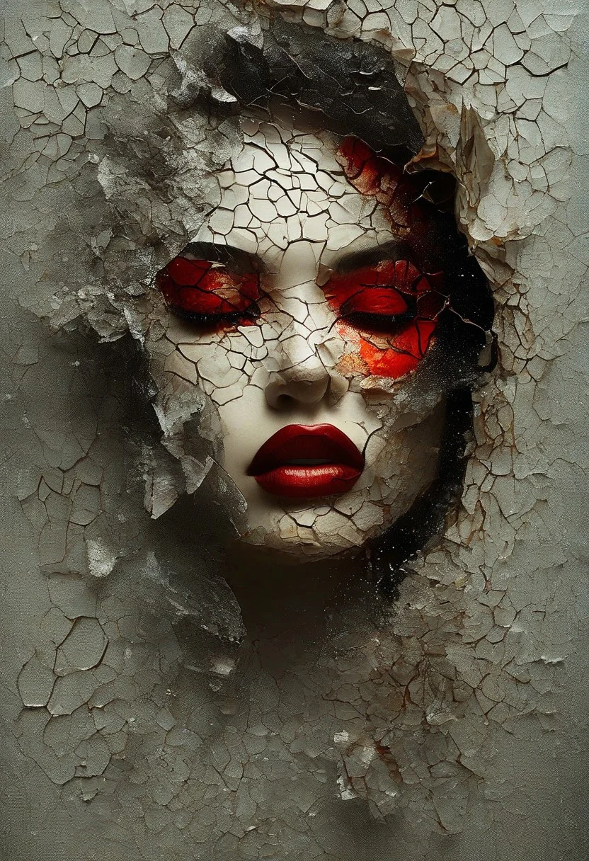 A hauntingly beautiful digital artwork featuring a fragmented portrait of a woman’s face. The image is shattered like broken glass, with jagged edges and cracks running across her features. Her bold red lips stand out strikingly against the monochrome, textured background, adding a dramatic contrast. The dark, smudged eye makeup and abstract splashes of red evoke a sense of mystery, pain, and resilience. This surreal composition blends elements of destruction and beauty, symbolizing emotional depth, fractured identity, or hidden strength beneath the surface. The lighting is soft yet dramatic, with subtle reflections on the glass-like fragments, creating a dreamlike, ethereal atmosphere, hyper-detailed, National Geographic-style composition, shot with a Canon EOS R5, f/1.4 aperture, soft bokeh background, 8K resolution, photorealistic,