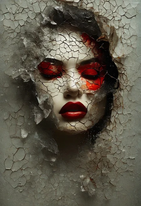 A hauntingly beautiful digital artwork featuring a fragmented portrait of a woman’s face. The image is shattered like broken glass, with jagged edges and cracks running across her features. Her bold red lips stand out strikingly against the monochrome, textured background, adding a dramatic contrast. The dark, smudged eye makeup and abstract splashes of red evoke a sense of mystery, pain, and resilience. This surreal composition blends elements of destruction and beauty, symbolizing emotional depth, fractured identity, or hidden strength beneath the surface. The lighting is soft yet dramatic, with subtle reflections on the glass-like fragments, creating a dreamlike, ethereal atmosphere, hyper-detailed, National Geographic-style composition, shot with a Canon EOS R5, f/1.4 aperture, soft bokeh background, 8K resolution, photorealistic,
