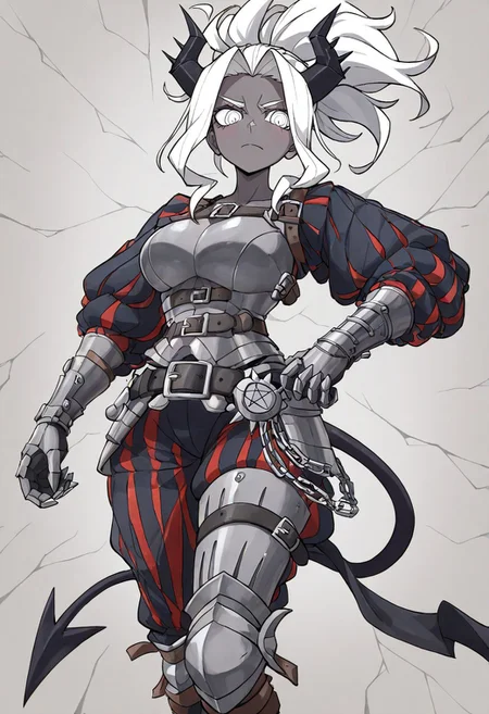 masterpiece, best quality, newest, absurdres, highres, anime, anime style,
LKAV1.0, landsknecht, armor, belt, breastplate, chaperon hat, faulds, asymmetrical legwear, asymmetrical armor, puffy sleeves, puffy pants,
1girl, judgement \(helltaker\), grey skin, grey colored skin, dark skin, demon girl, demon tail, demon horns, horns, gauntlets, belt, black belt, white hair,