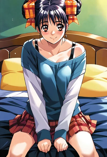 ASCII <lora:pony_xl_narusawa:0.8>,narusawa,score_9,score_8_up,score_7_up,source_anime,1girl,bed,smile,light_blush,off-shoulder_shirt,sitting,downblouse, pleated skirt,plaid skirt,cowboy_shot,smile,;d,