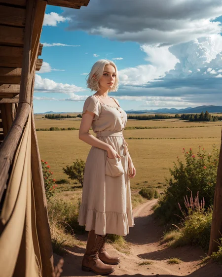 (Dutch angle:1.4), (Sn0frid_v1, white hair:1.3), medium bosom, (style of Dorothea Lange) rugged frontier homestead woman, 1800s Montana, linen blouse, long skirt, apron, practical sturdy boots, earthy tones, natural fibers, rustic charm, sepia-toned aesthetic, arid golden prairie, wooden cabin, wildflowers, cracked soil, farm tools, weathered textures, sun-dappled lighting, determined expression, confident pose, wind-tousled hair, (dramatic clouds:1.2), vast open landscape, vintage authenticity, pioneering spirit ,