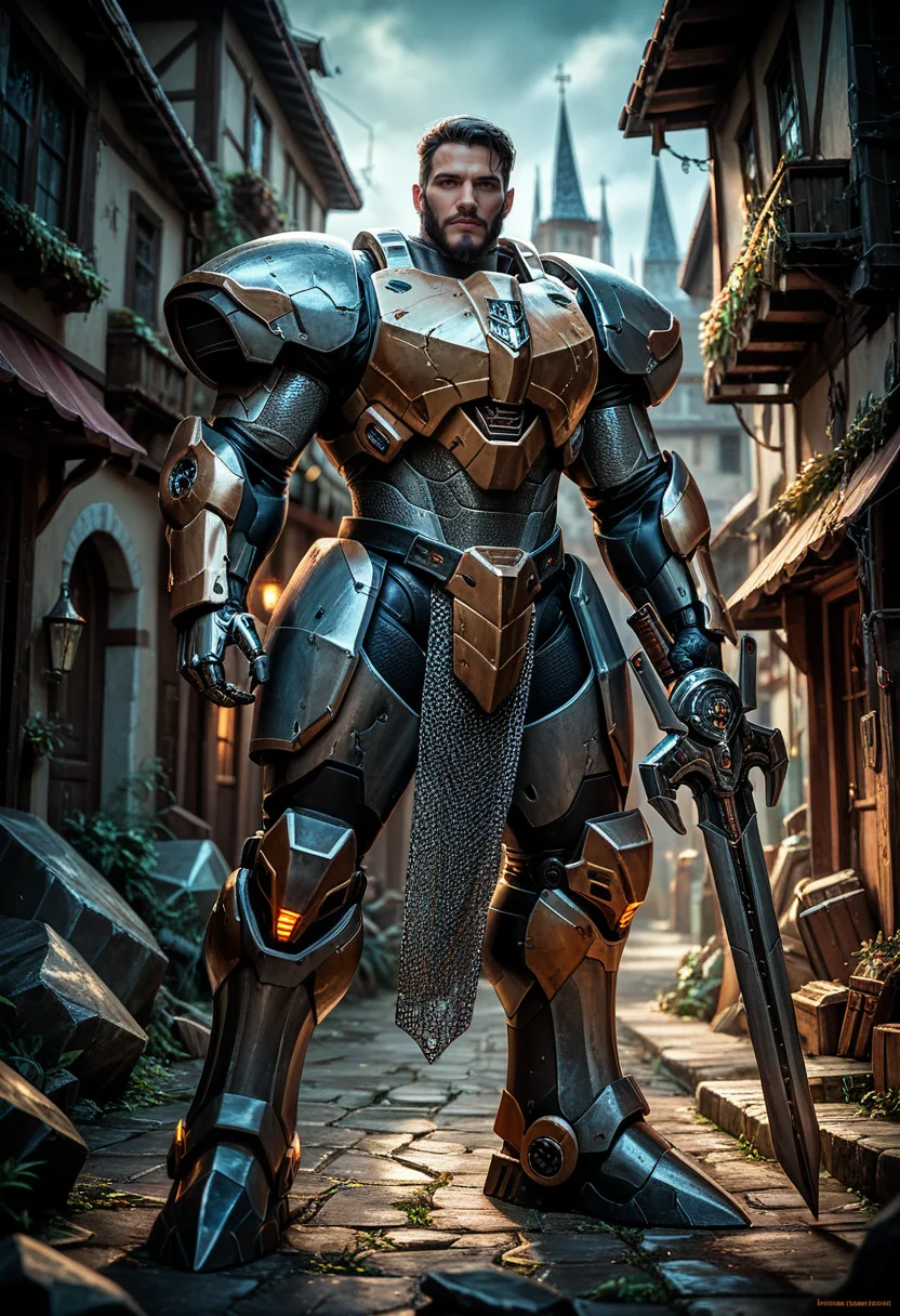 score_9, score_8_up, score_7_up, score_6_up, source_anime, masterpiece, newest, realistic
1 man, manly, facial hair, tensile look, muscular male, village, dark skies, holding weapon, body armour, armour bodysuit, full body, chainmail armour, holy light, ((mecha cyborg)), vanishing point, wide angle