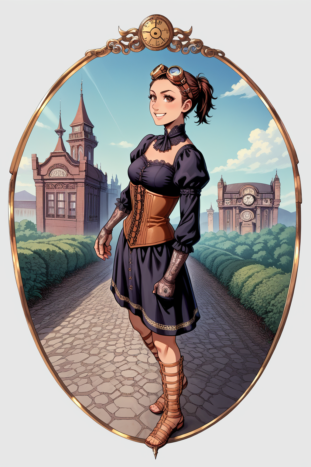 score_9, score_8_up, score_8, score_7_up, source_anime, 
1girl, katou megumi, Megumi <lora:KatoMegumi:1>,brown hair,katou megumi,brown eyes, medium breasts , short hair,  ponytail ,masterpiece, best quality, steampunk theme, victorian cityscape background, wearing a detailed steampunk dress with brass and leather accents, intricate corset, puffed sleeves, lace gloves, goggles resting on her head, holding a small pocket watch, standing near a steam-powered contraption, gears and pipes in the foreground, warm sepia tones, soft sunlight breaking through clouds, gentle smile, elegant pose, side-angle perspective, detailed textures, cinematic atmosphere, intricate mechanical elements, Gladiator Sandals