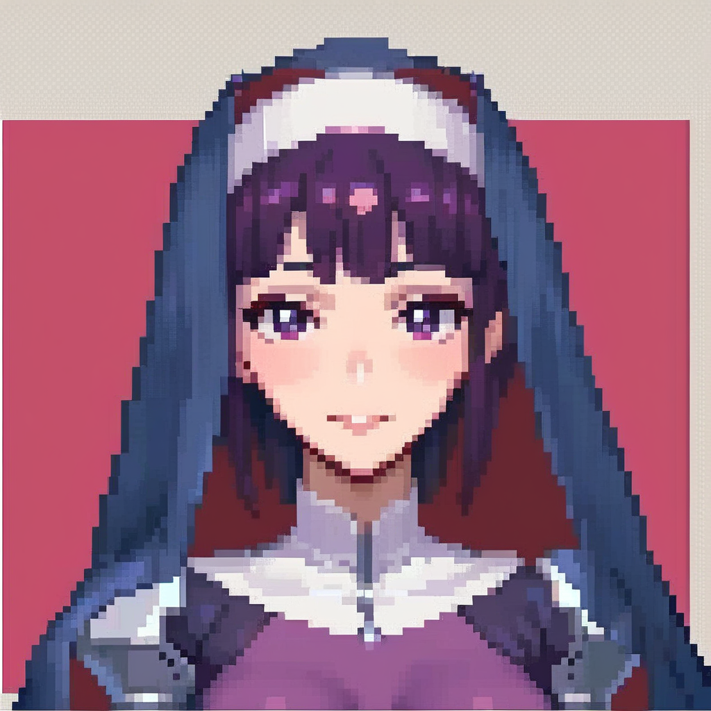 score_9, score_8_up, score_7_up,  <lora:k4m0r1:1> k4m0r1,1girl,purple bodysuit,habit,purple eyes, portrait,source_anime,    <lora:PixelartXl:1> pixelart,pixel