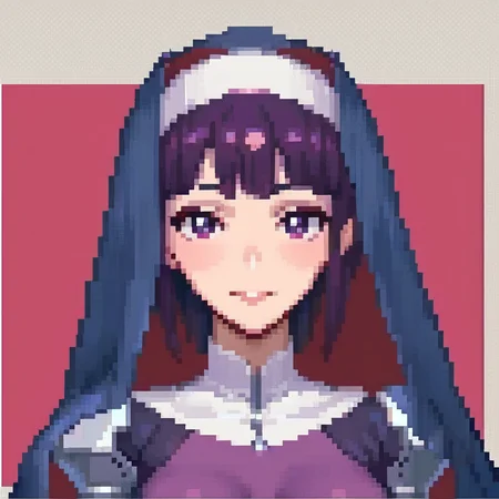 score_9, score_8_up, score_7_up,  <lora:k4m0r1:1> k4m0r1,1girl,purple bodysuit,habit,purple eyes, portrait,source_anime,    <lora:PixelartXl:1> pixelart,pixel