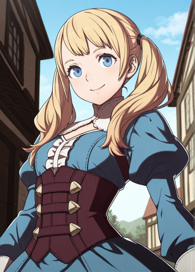masterpiece, best quality, amazing quality, very aesthetic, absurdres, newest, detailed background, cowboy shot, outdoors, dynamic angle,
fireemblemxd, 1girl, solo, twintails, blonde hair, smile, corset, dress, puffy sleeves, blue eyes, long sleeves, closed mouth, upper body, long hair, juliet sleeves,
looking at viewer, dynamic pose, 
 <lora:Fire_Emblem_Style:1>