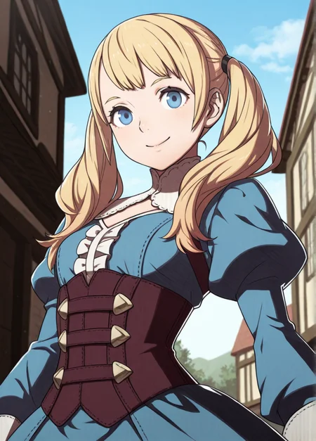 masterpiece, best quality, amazing quality, very aesthetic, absurdres, newest, detailed background, cowboy shot, outdoors, dynamic angle,
fireemblemxd, 1girl, solo, twintails, blonde hair, smile, corset, dress, puffy sleeves, blue eyes, long sleeves, closed mouth, upper body, long hair, juliet sleeves,
looking at viewer, dynamic pose, 
 <lora:Fire_Emblem_Style:1>