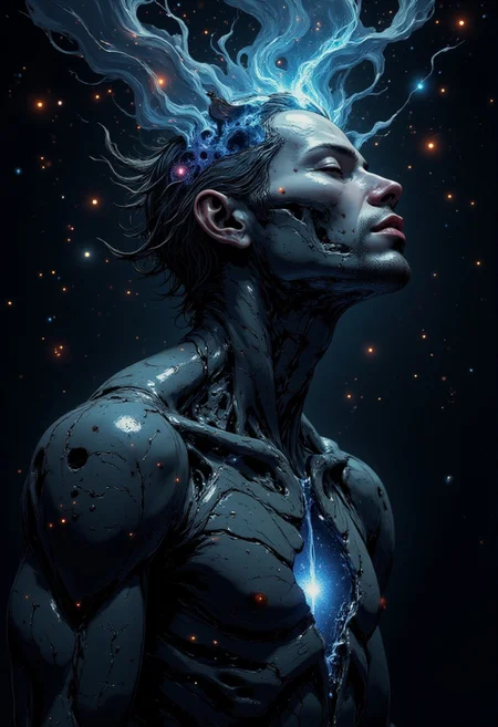 DGC style digital illustration, Magic style,
Close-up. The image centers on a partially broken male figure whose face and upper torso dominate the composition. The figure is slightly tilted back, head thrown back, eyes closed and mouth slightly open, conveying a mixture of transcendence, agony or ecstasy.
Broken Skull: The head appears cracked and broken, with a surge of cosmic energy escaping from the cracks, revealing a galactic nebula spilling outward like a wound in reality.
Chest and Inner Void: The chest has cracked, revealing a star-filled void within. The visible space within the figure suggests infinity and a universe trapped within.
The background is dark, with swirling celestial patterns and nebulae seamlessly merging with the galactic elements emerging from the figure. Surrealism and cosmic abstraction: The images combine surreal human anatomy with celestial and cosmic elements, creating a metaphorical exploration of inner worlds and transcendence.
Cracks and explosions symbolize transformation, where destruction gives way to new beginnings or enlightenment.
Connection to infinity: The juxtaposition of the human figure with the vastness of space speaks to the interconnectedness of humanity and the universe.