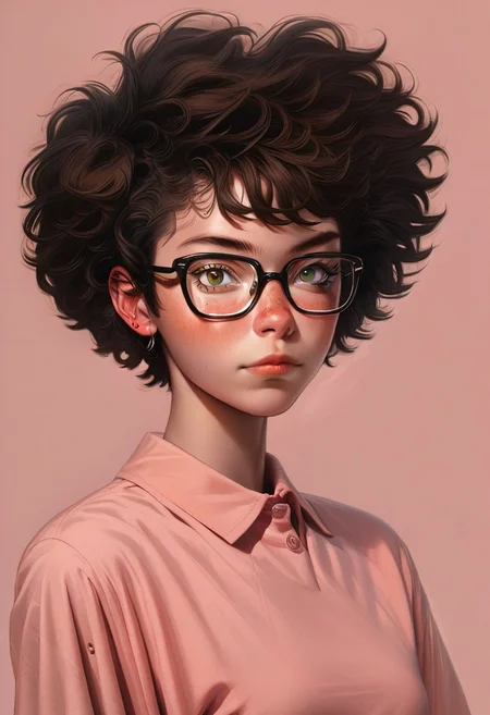1girl, pretty face, freckles, manic pixie, dark hair, 
nerdy tshirt, seductive, glasses, 
FOV medium shot, 
simple pastel lilac background,
score_9,score_8_up