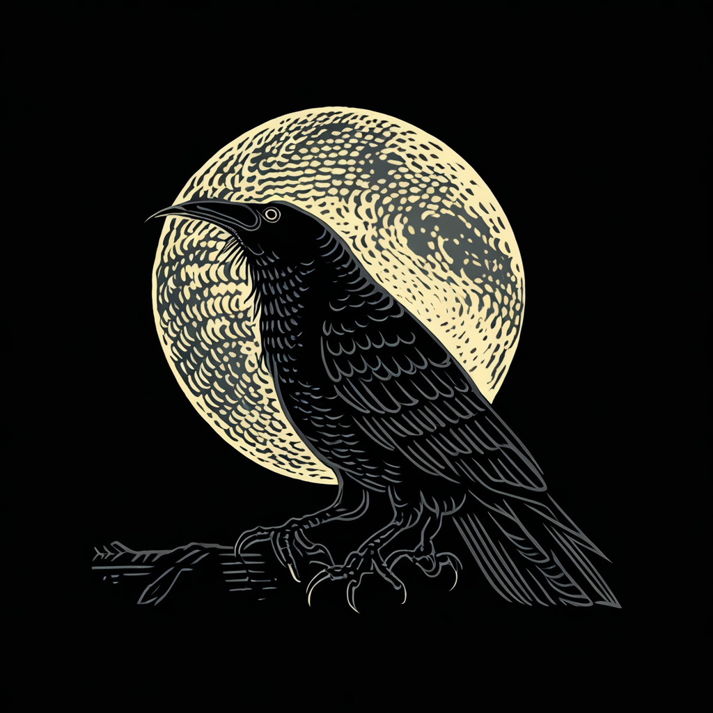 simple_green_engraving, a black crow sits in front of a full moon