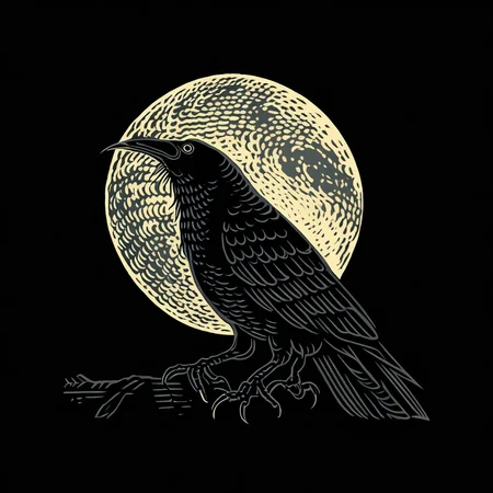 simple_green_engraving, a black crow sits in front of a full moon