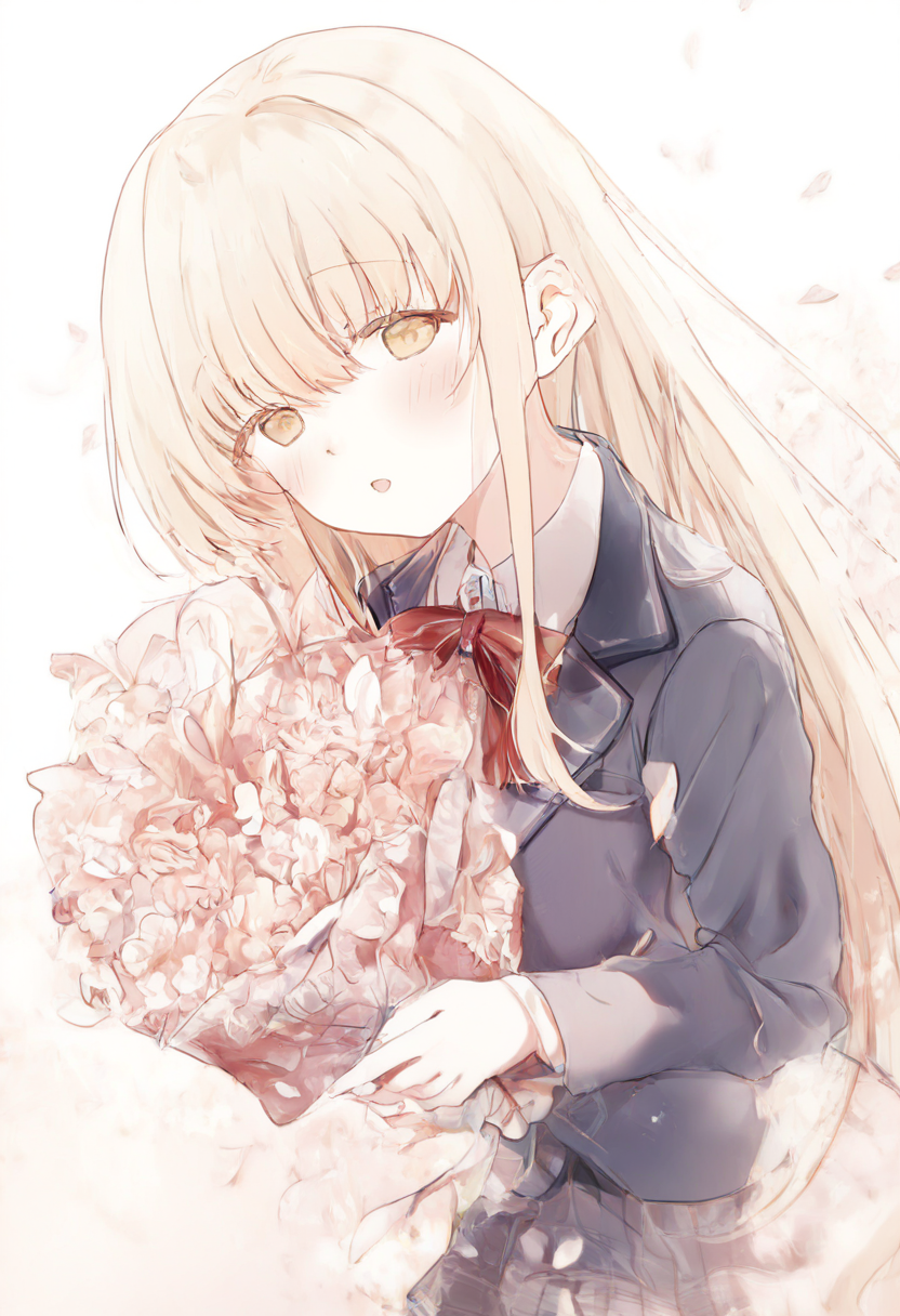 otonari no tenshi-sama ni itsu no mani ka dame ningen ni sarete ita ken, shiina mahiru \(otonari no tenshi-sama\), absurdres, highres, 1girl, blazer, blonde hair, blue jacket, blunt bangs, blush, bouquet, bow, bowtie, jacket, long hair, long sleeves, looking at viewer, open mouth, petals, red bow, red bowtie, school uniform, solo, winter uniform, yellow eyes, masterpiece, best quality, good quality