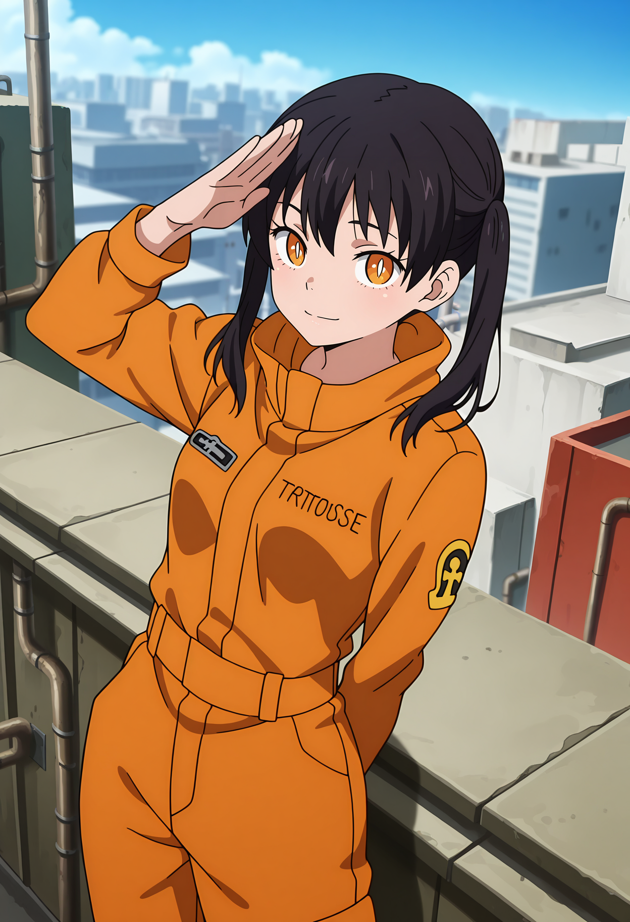 anime screencap, masterpiece, best quality,
<lora:EnenNoShouboutai_KotatsuTamaki_IlluXL:0.9>,
1girl, solo, closed mouth, light smile,
twintails, medium hair, black hair, orange eyes, slit pupils, white pupils,
orange jumpsuit, clothes writing, emblem, long sleeves,
salute, standing, looking at viewer, cowboy shot,
blurry background, cityscape, day, rooftop, industrial pipe, blue sky, tank