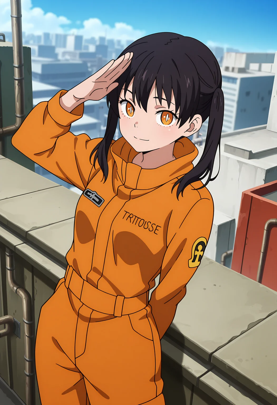 anime screencap, masterpiece, best quality,
<lora:EnenNoShouboutai_KotatsuTamaki_IlluXL:0.9>,
1girl, solo, closed mouth, light smile,
twintails, medium hair, black hair, orange eyes, slit pupils, white pupils,
orange jumpsuit, clothes writing, emblem, long sleeves,
salute, standing, looking at viewer, cowboy shot,
blurry background, cityscape, day, rooftop, industrial pipe, blue sky, tank