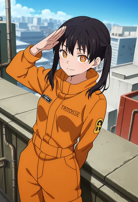 anime screencap, masterpiece, best quality,
<lora:EnenNoShouboutai_KotatsuTamaki_IlluXL:0.9>,
1girl, solo, closed mouth, light smile,
twintails, medium hair, black hair, orange eyes, slit pupils, white pupils,
orange jumpsuit, clothes writing, emblem, long sleeves,
salute, standing, looking at viewer, cowboy shot,
blurry background, cityscape, day, rooftop, industrial pipe, blue sky, tank