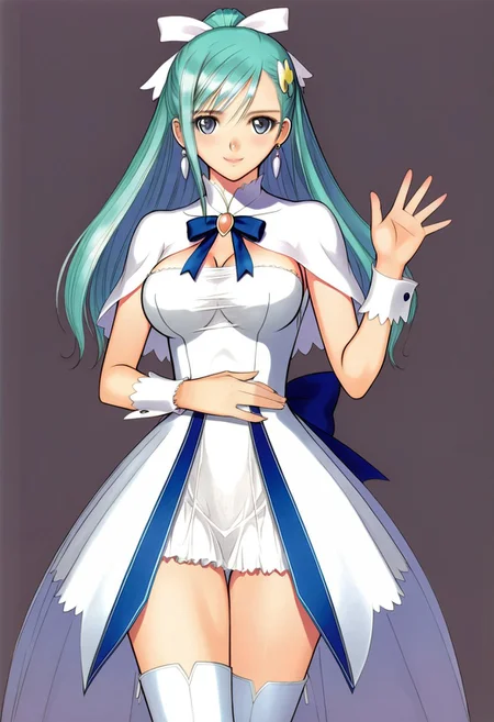 (hand on waist, hair bow, cureange, large breasts, wide hips, aqua hair, shiny hair,,, BREAK hair ornament, dress, jewelry, earrings, boots, wrist cuffs, makeup, capelet, white dress, short dress, magical girl, lipstick, blue footwear, layered dress,,, smile,) thigh-highs, 1girl, best quality, cowboy shot, seductive smile, tony taka, Overall Detail, (slim, contrapposto, standing, earrings, looking at viewer, young-adult), white stocking, large breast, tony taka, negative hand, Fix hand