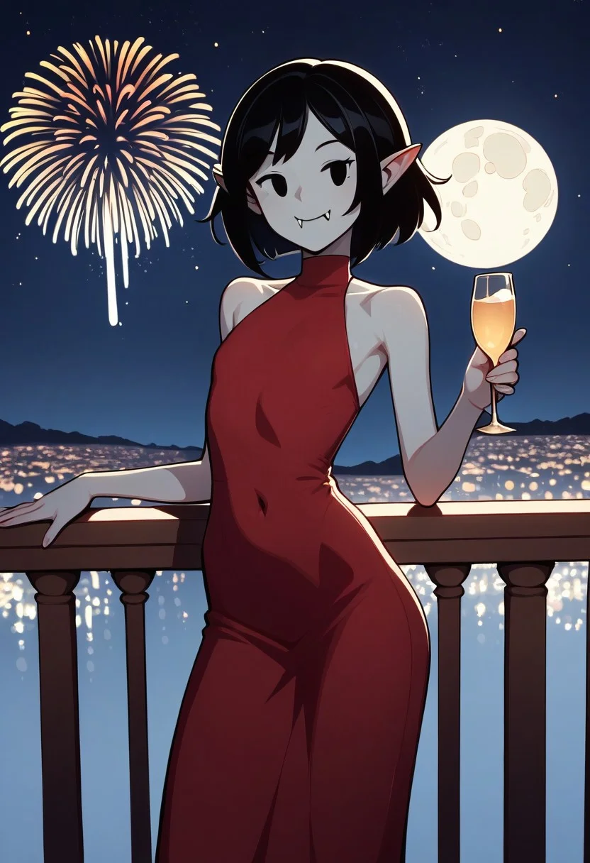 (score_9 | score_8_up | score_7_up)
((masterpiece:1))(best quality,very high quality,ultra detailed:1.2)
(2D,anime style:1)(lora:add-detail-xl:1)(Smooth:2)(clean blurring)
(four fingers on each hand,one thumb on each hand:1)
(detailed hands:1)(extra detailed,realistic eyes)
(solo,alone,one character)(anatomically correct)
(detailed face and eyes:1)(precise face and eyes:1)
|
(front view)(shaded)(on balcony:1)
(city at night,starry sky,huge moon in the sky,dark lighting:1)
(fireworks,holding juice glass)
(red dress,bare shoulders,tight dress,long skirt:1)
(smile,closed mouth,looking at viewer:1)
|
(marci)(grey skin,black hair,short hair,dot eyes,fangs,pointy ears:1)
(flat chest,thin arms,skinny waist,narrow waist,skinny thighs,skinny legs:1)
(short stature,slim body,petite:1.5)
(short arms,short torso,short legs:1)