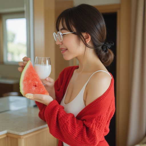 swimsuit, drinking, teeth, boots, collarbone, long sleeves, red sweater, japanese clothes, pillow, backless dress, white shirt, smile, hand up, drink, standing, mirror, grin, nose, a woman with glasses eating a watermelon, looking to the side, water, navel