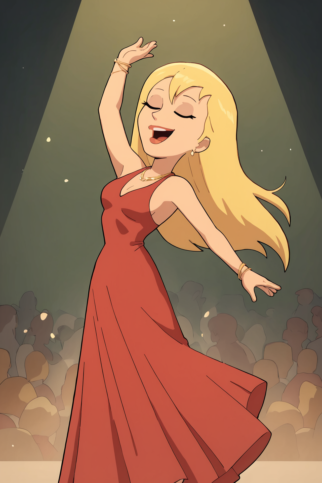 score_9, score_8_up, score_7_up,
 <lora:Jillian_v2_Family_Guy:0.8> jrwfg, blonde hair, long hair, red gown, dancing,
abstract, masterpiece, best quality,