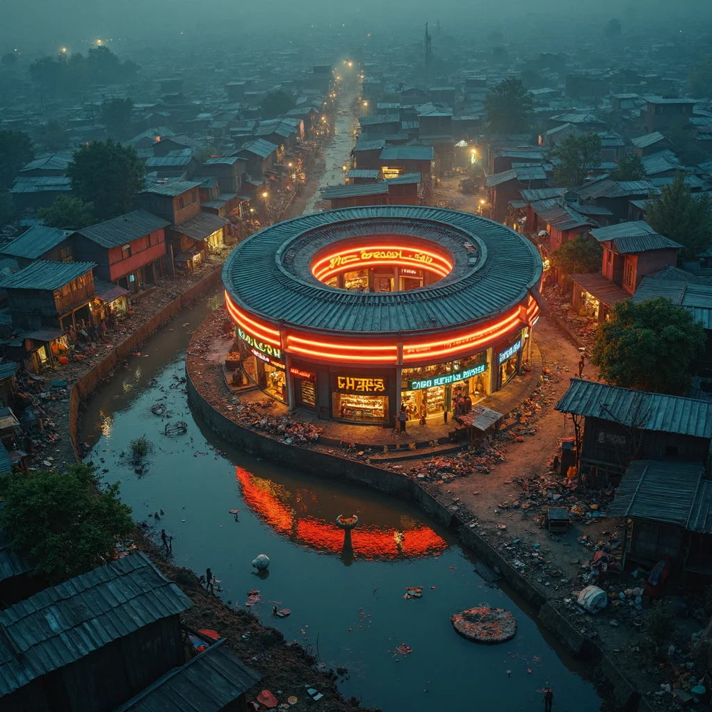 photo top isometric angle of view of a donut-shaped illuminated shop-center building surrounded by endless slums favela, color contrast between vibrant building and dusty dirty surroundings, lots of cluttered huts and shacks along dirty river with trash and splashes