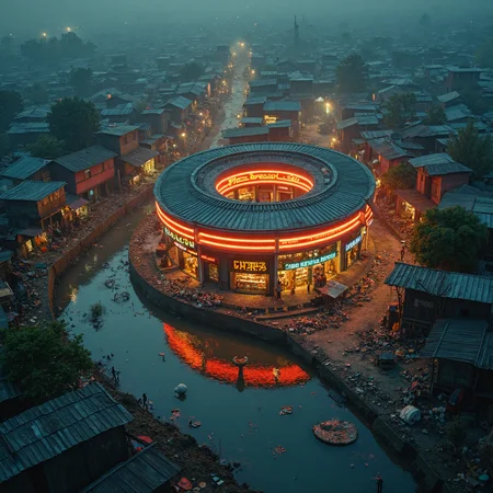 photo top isometric angle of view of a donut-shaped illuminated shop-center building surrounded by endless slums favela, color contrast between vibrant building and dusty dirty surroundings, lots of cluttered huts and shacks along dirty river with trash and splashes