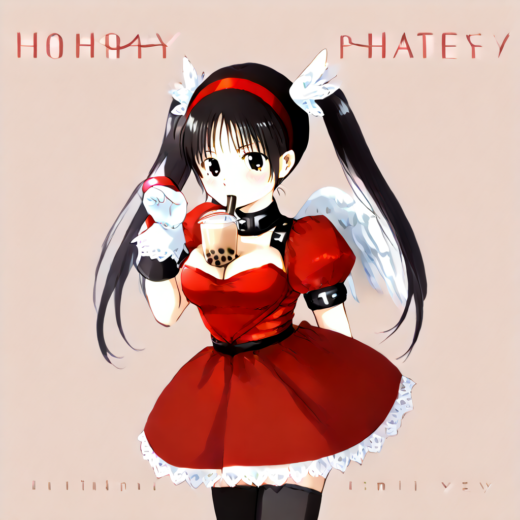 <lora:Honey:1> twintails, black hair, gloves, thighhighs, hairband, red dress, wings  <lora:bubble-tea-challenge-ponyxl-lora-nochekaiser:0.8> <lora:bubble-tea-challenge-ponyxl-lora-nochekaiser:1>, bubble tea challenge, bubble tea, object on breast, drinking straw, drinking straw in mouth, drinking, cup,