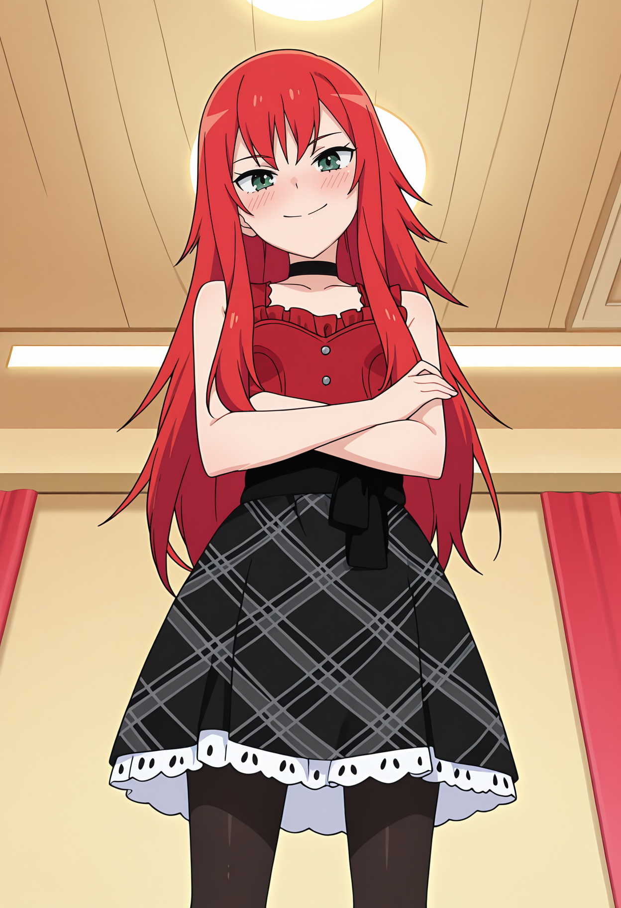 highres, best quality, masterpiece,
1girl, solo,
blush,
<lora:_beru_renjouji-elesico-ilxlB:1>  indoors, rnlvberu, long hair, red hair, green eyes, anime screencap,pberrord, black choker, sleeveless shirt, red shirt, bare shoulders, buttons, black sash, black skirt, plaid skirt, frills, black pantyhose,crossed arms, standing, looking at viewer, smile, looking at viewer, from below, head tilt,