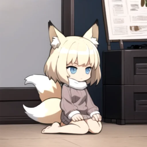 (masterpiece, best quality:1.2), <lora:AKTEST-10:1> chibi, platinum blonde hair, blue eyes, sweater dress, full body, bare feet, (flat shading), (anime cel-shaded:1.1), fox ears, large tail, fox tail, fluffy tail
