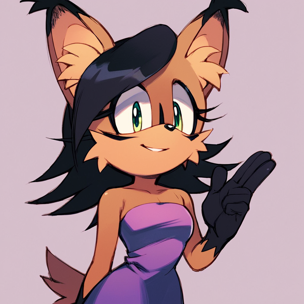 score_9, score_8_up, score_7_up, score_6_up, score_5_up, score_4_up, (Source furry), (rating safe),  <lora:Nicolethelynxpny:1>, Nicole the lynx, 1girl, long hair, smile, gloves, dress, green eyes, tail, purple dress, sideways mouth, snout, sonic the hedgehog \(series\), furry, furry female, black hair, animal ears, animal nose, animal ear fluff, solo, solo focus, body fur, brown fur, facial markings