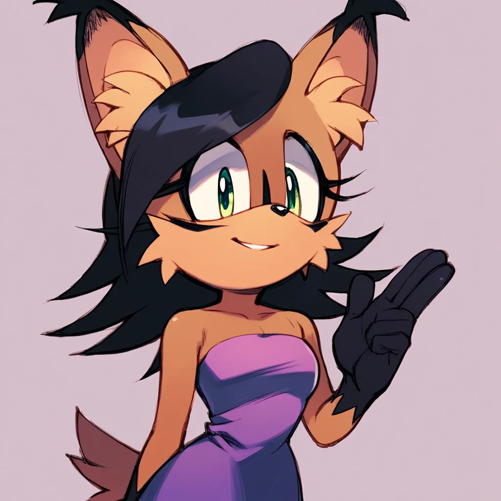 score_9, score_8_up, score_7_up, score_6_up, score_5_up, score_4_up, (Source furry), (rating safe), <lora:Nicolethelynxpny:1>, Nicole the lynx, 1girl, long hair, smile, gloves, dress, green eyes, tail, purple dress, sideways mouth, snout, sonic the hedgehog \(series\), furry, furry female, black hair, animal ears, animal nose, animal ear fluff, solo, solo focus, body fur, brown fur, facial markings