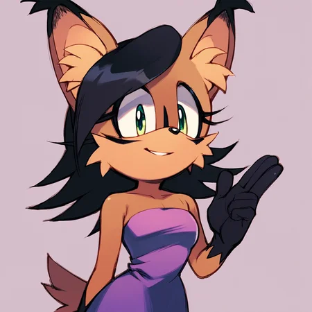 score_9, score_8_up, score_7_up, score_6_up, score_5_up, score_4_up, (Source furry), (rating safe), <lora:Nicolethelynxpny:1>, Nicole the lynx, 1girl, long hair, smile, gloves, dress, green eyes, tail, purple dress, sideways mouth, snout, sonic the hedgehog \(series\), furry, furry female, black hair, animal ears, animal nose, animal ear fluff, solo, solo focus, body fur, brown fur, facial markings