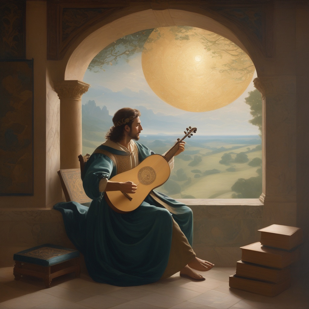 ethereal fantasy concept art of  a painting of a man playing a lute <lora:JohannesVermeerXL_v1:1>, magnificent, celestial, ethereal, painterly, epic, majestic, magical, fantasy art, cover art, dreamy