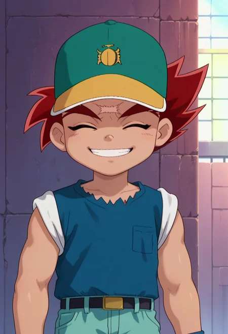 score_9, score_7_up, source_anime
DaichiSumeragi, 1boy, male focus, solo, male child, red hair, spiked hair, scar, scar on forehead, shirt, blue shirt, sleeves rolled up, hat, baseball cap, smile, closed eyes, happy
outdoor,
