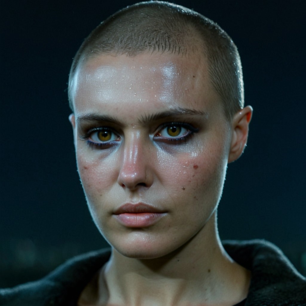 Buzzcut, no hair, bald, Blade Runner style, cinematic film still, (Skin Texture, pores, natural,iPhone,RAW)), natural lighting, Highest Quality closeup Portrait photo of a woman with a ((buzzcut)), silver eyes, Nikon Z9, realistic matte skin, blurry city in the background, at night, moody, epic, gorgeous, 8K,