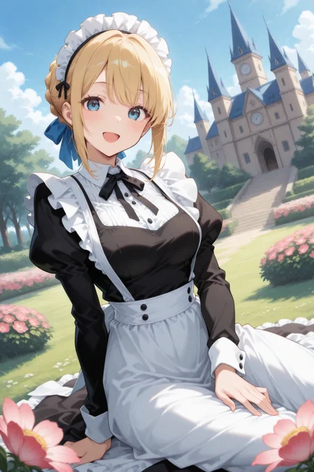 masterpiece, top quality, absurdres very aesthetic, general, intricate details, clean thin outline, newest, very awa, amazing quality,
1girl, high-teens, cute maid, petit body, breasts, blonde multi-tied hair,ice blue eyes, kindly smile,:D, (victorian maid uniform), maid headdress, cute posing,
outdoors, (full blooming garden in castle), detailed beautiful background, dramatic angle, close-up snapshot, yokozuwari,