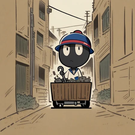 score_9,score_8_up, masterpiece, by Simon Hutt and Takeichi Abaraya \(skchkko\), (solo:1.2), 1mutant, humanoid, pale black skin, thick scowl eyes, @ @, blue Dot Pupils, Black thick eyebrows, hidden nose, mouth (Dimple), power lines, no humans, Magenta Bowler hat, bandage arms, white simple jacket robe, Maroon Bow Tie, pointed flat collar, Panel Screws on neck, shackles on wrist, black Apron, red laced boots, looking at viewer, rage and Revulsion, looking at view, Slightly Side View, holding sickle Hooks With Chain and saws, riding at in wagon, Asterboid + Garden+ Chinatown + Seoul + New York City, Artist by Alexis Beaumont and Hiroyuki Imaishi, France hand drawn art, MFKZ style hand drawn art, graphic illustration, Style of Steve Baker and Hiroyuki Imaishi, Flat 2D Art Style, France hand drawn art, Thick lineart, Art Style of Wuye Changjie and Hiroyuki Imaishi, MFKZ parody, <lora:TakeichiAbarayaArtistStyle_v10:0.2>, <lora:AlexisBeaumont-10:0.8>, <lora:SilviaDeVenturaArtist-19:0.2>, <lora:LewisTrondheimXLP_Style:1>, <lora:HellperWebtoonV2:0.9>, <lora:MFKZ-XL:1>