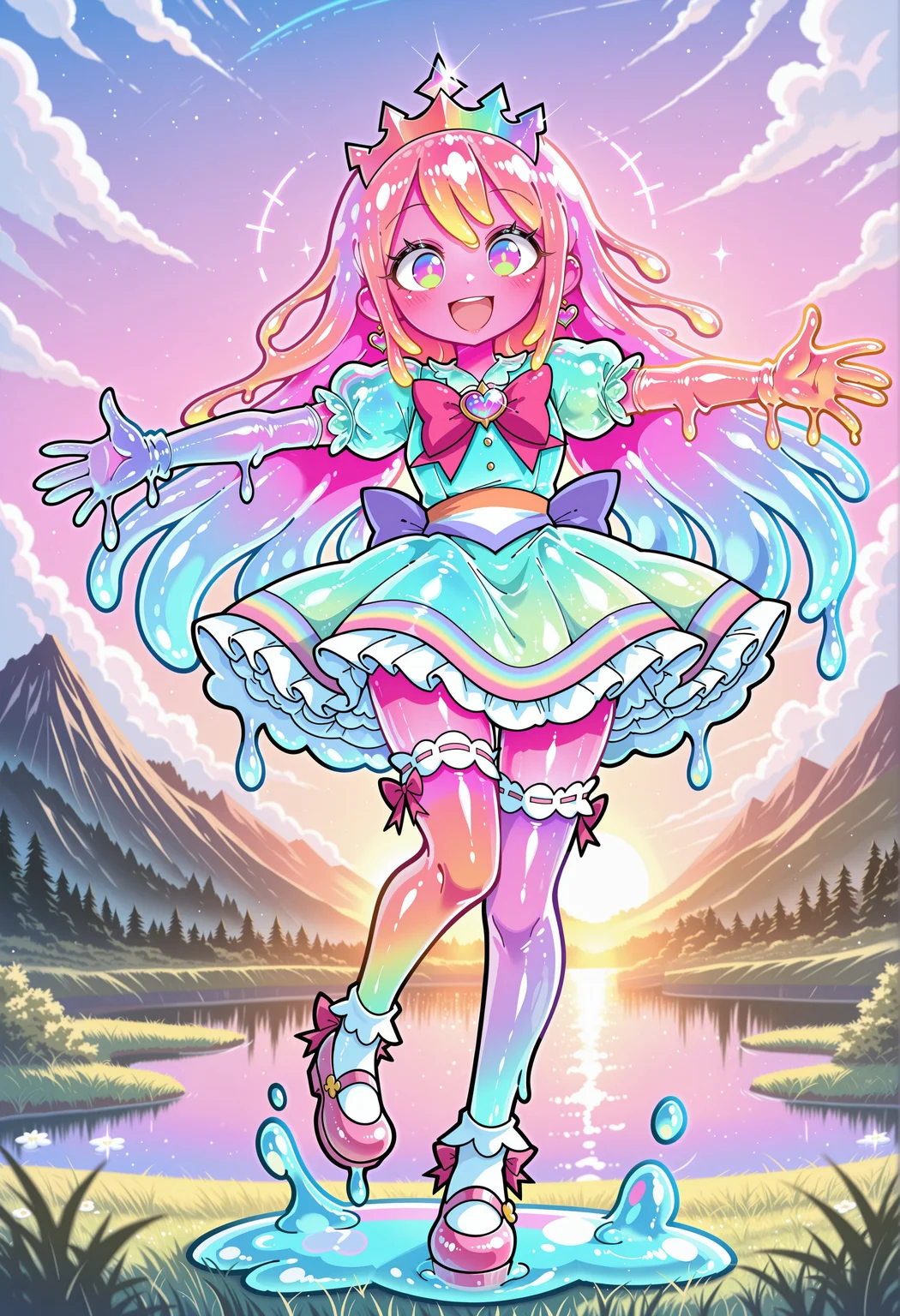 Funset, ff-ca, masterpiece, best quality, absurdres,
1girl, (slime girl), monster girl, slime \(substance\), rainbow eyes, (gradient eyes), colored skin, pink skin, pastel rainbow hair, multicolored hair, gradient hair, long hair,
(pastel colors, pastel blue, pastel orange, pastel green, pastel purple), pastel rainbow magical girl, padded magical girl dress, kawaii, frilled skirt, thighhighs, padded pastel rainbow dress, multilayered dress, petticoat, padded dress, puffy short sleeves, elbow gloves, rainbow tiara, gem brooch, large bow, ribbons, lace trim, frills, satin, sparkles, glitter, heart earrings, rainbow accessories, jewelry, bobby socks, frilled mary janes,
lipgloss, eyelashes, blush, light makeup,
outdoors, nature, lake, clouds, sunset, backlighting,
solo, full body, standing on one leg, no pupils, tareme, happy smile, open mouth, outstretched arms, incommoding hug,
intricate, highly detailed, majestic, shallow depth of field, movie still, circular polarizer, light reflections
