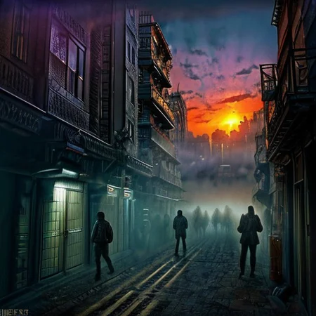 RAW photo, (masterpiece:1.3), subsurface scattering, heavy shadow, (high quality:1.4), (intricate, high detail:1.2), professional photography, HDR, High Dynamic Range, realistic, ultra realistic, photorealistic, high resolution, ambient lighting, atmospheric effects, fog, OverallDetail, alley, building, city, hood, lamppost, multiple boys, multiple girls, neon lights, night, nightcity, outdoors, people, road, scenery, science fiction, sign, sky, skyscraper, solo, street, sunset, weapon, epiCPhoto