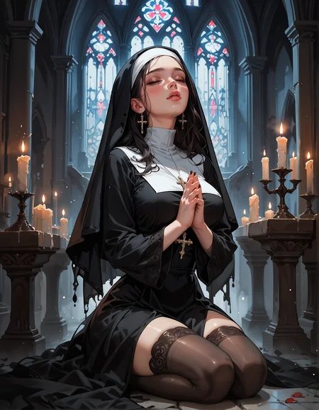 score_9, score_8_up, score_7_up, score_6_up, score_5_up, score_4_up, beautiful girl, dark fantasy, gothic, eerie, (solo), nun girl, veil, lace stockings, night, cathedral, candlelight, glowing, sultry look, suggestive, sexy, on knees, praying, 1girl, delicate and smooth skin, blush, perfect body, thighs, large teardrop breasts, highly detailed, glossy lips <lora:Expressive_H-000001:0.6>, expressiveH <lora:g0th1cPXL:0.4> <lora:incase_style_v3-1_ponyxl_ilff:0.3> <lora:sinfully_stylish_SDXL:0.4>