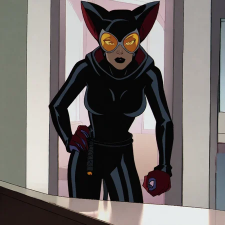 <lora:CatwomanTheBatmanShow_pony_v1:1> CatwomanTheBatman, 1girl, black bodysuit, animal ears, lipstick, cat tail, gloves, makeup, mask, cowboy shot