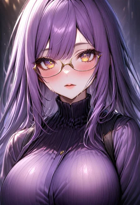 [[Lydia]]
beautiful face, glasses, soft skin, lightly made-up soft lips
purple Hair (((purple Long hair 1.6)))
(((golden eyes 1.6))) golden Sparkling eyes
((Big Detailed beautiful eyes))
((ultra detailed Art))
beautiful eyes in love
glowing skin, sweaty skin 
Perfect line guidance 
Clean, sharp edges
1woman, solo, eyeliner, gorgeous lips, medium big breast