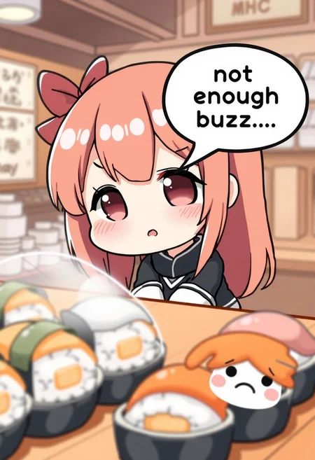 kawaii anime style, masterpiece, cute, chibi girl stares at sushi in the shop, speech bubble with text "not enough buzz...", focus on sushi, sad emoji, cute face