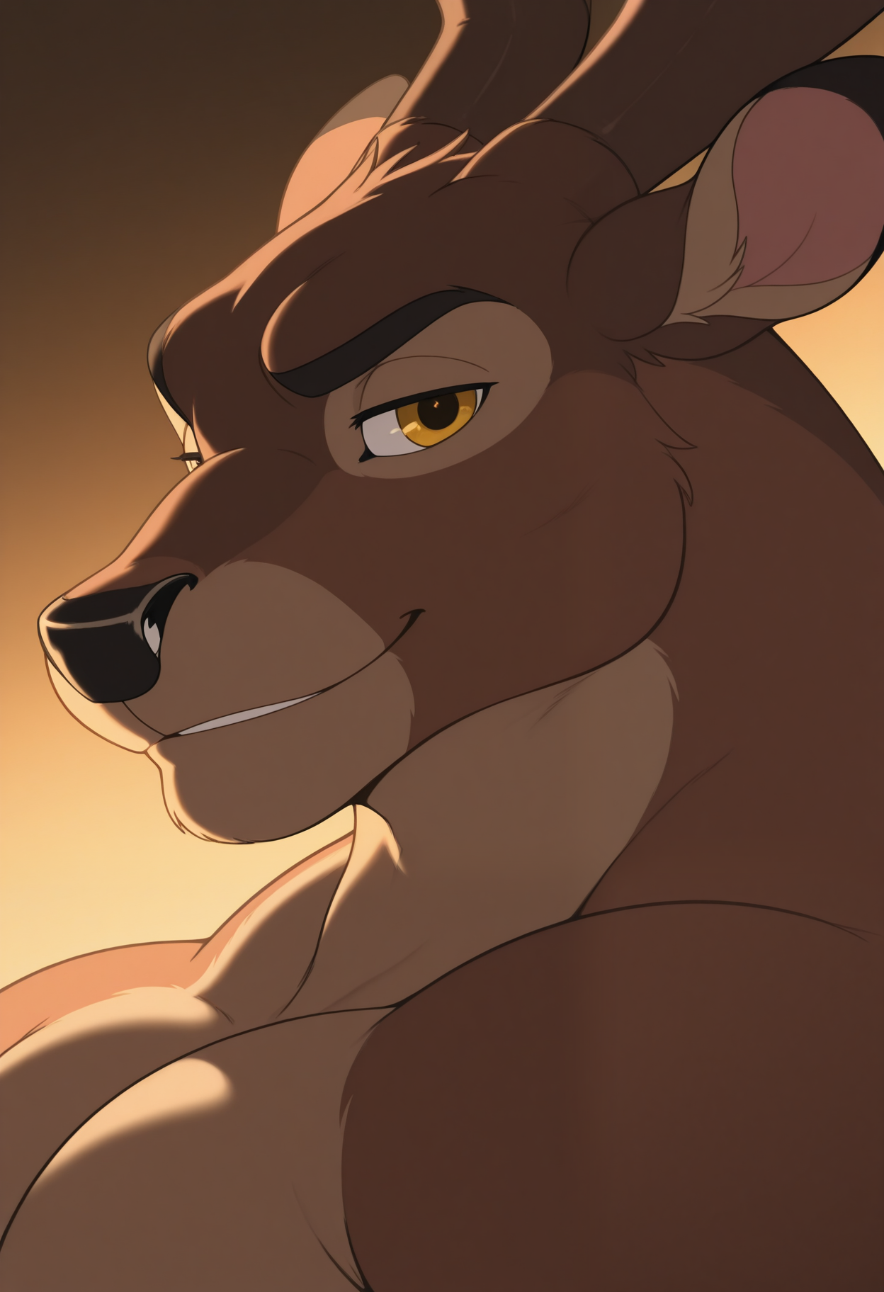 masterpiece,best quality,amazing quality, 1boy, solo, Pr1nc3, anthro deer, bara, smirk, close up, side angle,