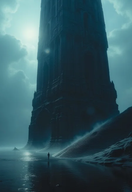 A colossal, angular alien structure rises from the edge of a silent black ocean — not obelisk-like, but vast and fragmented, with complex protrusions and stair-like ridges climbing its jagged sides. Ancient stone stairs lead down into the shallow water, partially submerged, slick and glistening. Soft mist rolls over the surface, reflecting faint bioluminescent lights embedded in the stone. A solitary figure stands at the waterline, dwarfed by the monolith, gazing at its towering mass. The sky is overcast and low, soaked in deep teal and muted navy tones, casting a somber palette across the scene. Subtle bokeh glimmers in the foreground from drifting particles and moisture. The image is off-center, with the structure looming from the left, creating a dynamic tension in the composition.