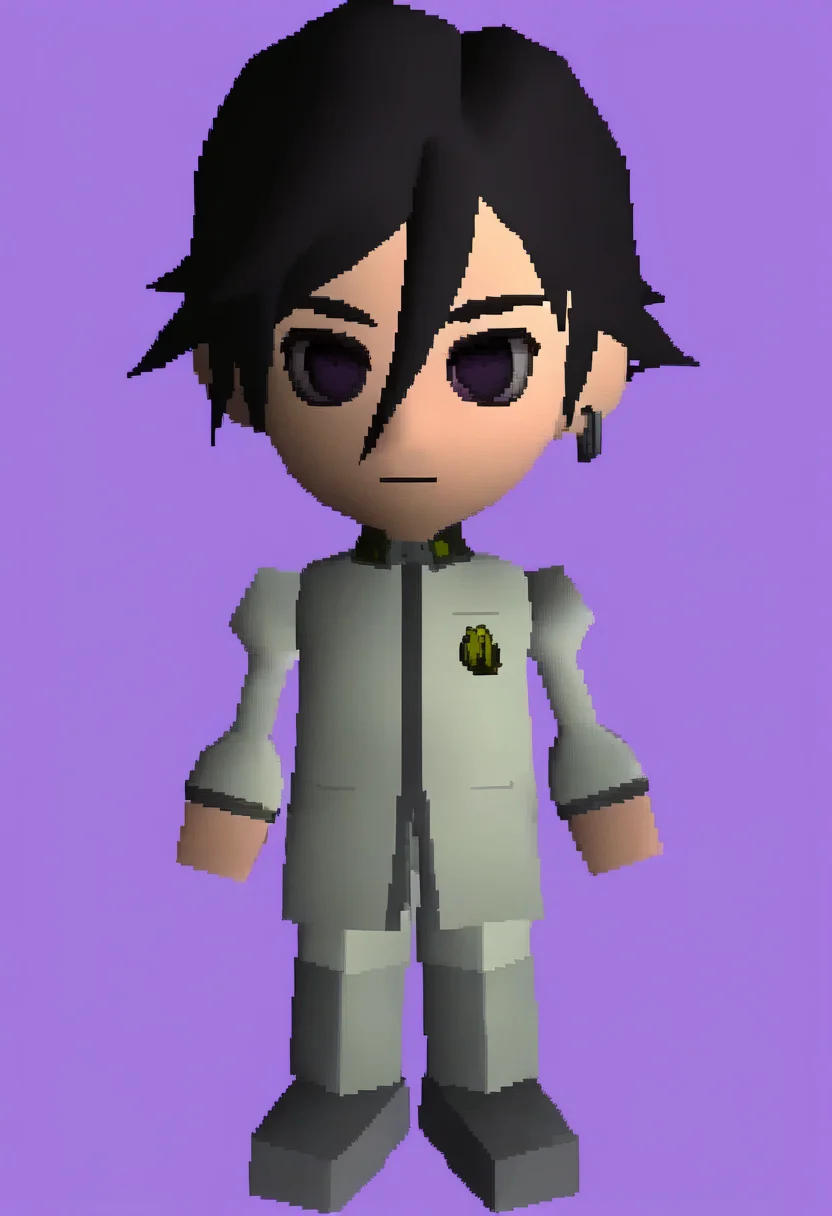 masterpiece, best quality, solo, 1boy, looking at viewer, <lora:FF7-Chibi-illus_Fp:1>, full body, simple background, 3d, <lora:Naoya-illus_Fp:1>, naoyap1, black hair, purple eyes, school uniform, hair between eyes, short hair, single earring, black hair, chibi,