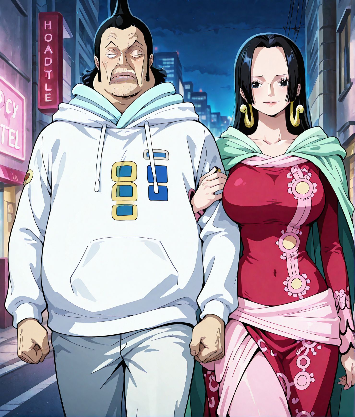 <lora:add-detail-xl:0.5>,,masterpiece, best quality, newest, absurdres, highres, detailed eyes, beautiful, detailed background, perfect eyes, anime coloring, anime screencap,
<lora:sugar_dating:0.5>sugar_datingV1,
girl hooks her arm around the boy’s arm,night, walking,
1girl, 1boy, hetero,  light smile, facing viewer,  
outdoors, love hotel, street,sexually suggestive,
head lying on shoulders, A street lined with love hotels,
BREAK
 one piece, official style, 
boa hancock,long hair,  (Beehive hairstyle female:-1),red dress, 
<lora:Saint_Charlos_-_One_Piece:1> ugly man, fatman,
masculine face, daddy looking face, OPCharlos, black hair, facial hair, white outfit, Beehive hairstyle male,
20YO, milf,adult female,